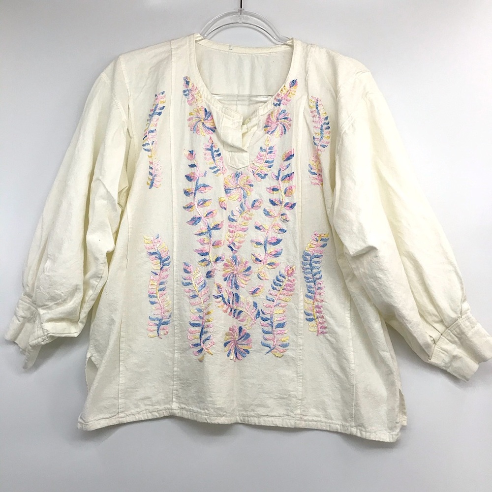 Vintage Cream Embroidered Peasant Blouse with Pastel Florals